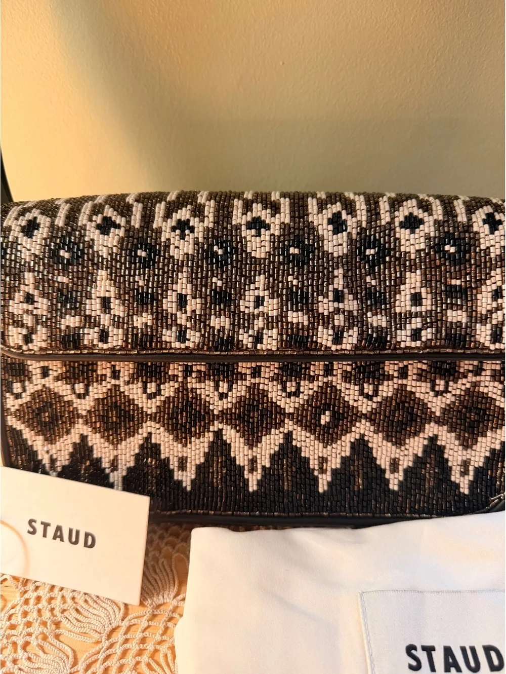 STAUD Zermatt Beaded Shoulder Bag with Geometric Pattern